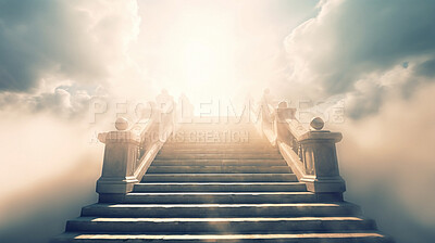 Stairs, steps and way to heaven for God, religion and faith in spiritual passage, architecture and blue sky paradise. Ai generated, staircase and sunlight step for Catholic and Christian afterlife