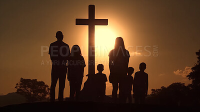 Silhouette, people and Christian cross at sunset for praying, religion and funeral social gathering, Ai generated, family and crucifix statue at sunrise for prayer, worship and religion community