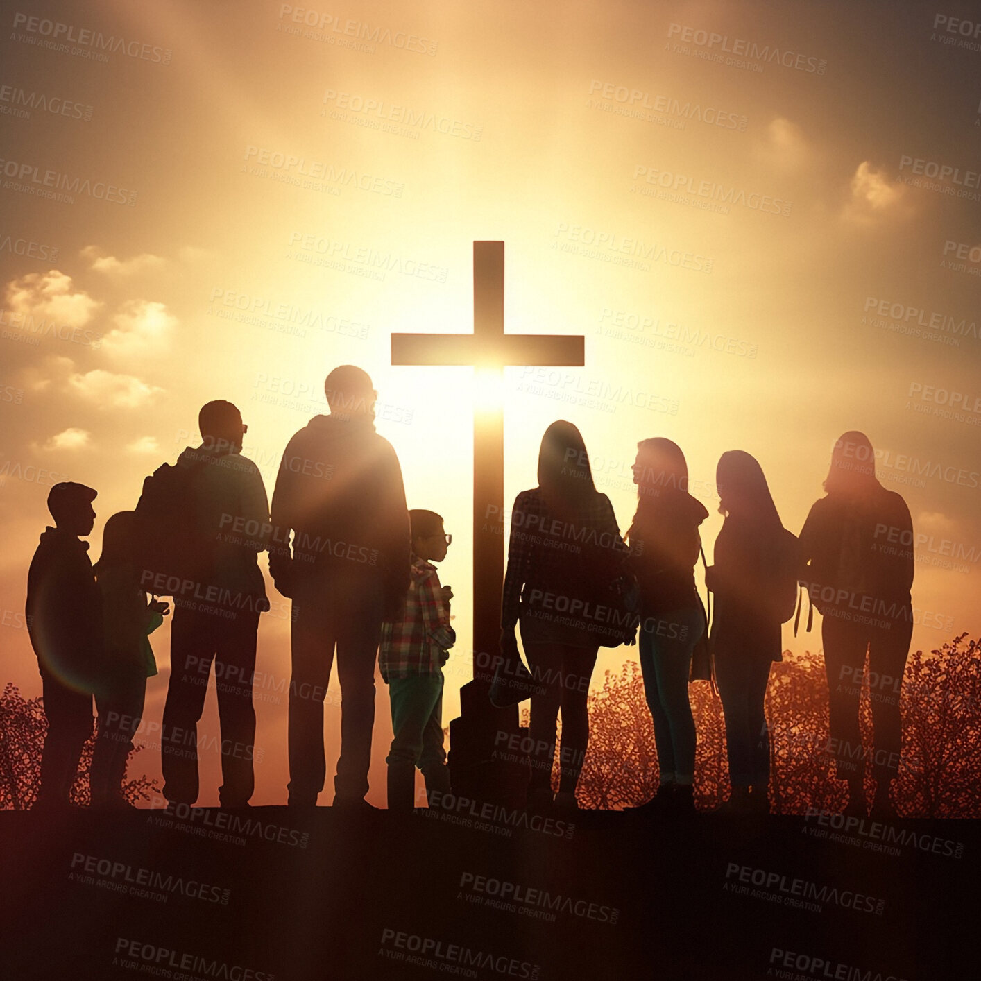 Buy stock photo Silhouette, family and Christian cross at sunset for praying, religion and funeral social gathering, Ai generated, people and crucifix statue at sunrise for prayer, worship and religion community