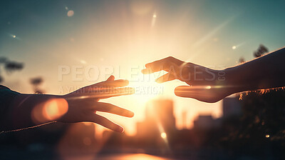 Closeup, hands and sun flare for help, prayer and spiritual worship at sunrise for Catholic, religion and God. Ai generated, people and Christians in praise, healing and praying community at sunset