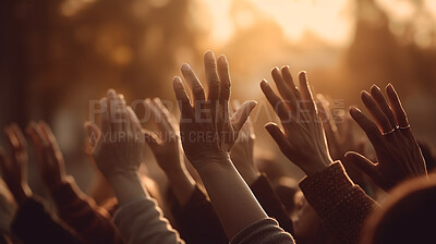 Closeup, hands and arms raised for prayer, worship and spirituality at sunrise for Catholic, religion and God. Ai generated, people and Christians in thank you, praise and spiritual community sunset