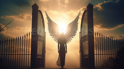 Woman, silhouette and angel with wings in heaven for religion, faith and spiritual God for passage, way and entrance. Ai generated, guardian and light flare for Catholic, Christian and golden gates