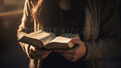 Closeup, hands and reading Catholic bible book for church in learning, education and spiritual studying for faith, religion and Christian God. Ai generated, books and person for prayer and chapel