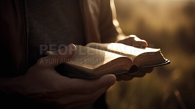 Closeup, hands and reading bible for chapel in learning, education and spiritual studying for faith, religion and Christian God. Ai generated, books and person for prayer and Catholic church book