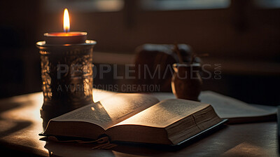 Closeup, candle and bible book in church for learning, education and spiritual studying for faith, religion and Christian God. Ai generated, books and fire for prayer, praying and Catholic chapel