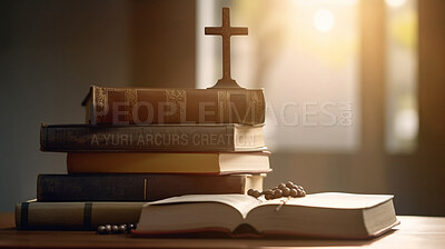 Closeup, cross and books stack with bible in church for learning, education and spiritual studying for faith, religion and God. Ai generated, book and crucifix symbol for prayer, praying and chapel