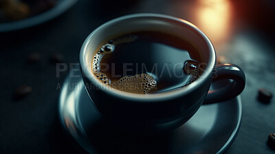 Closeup, americano and drink on coffee shop, cafe and restaurant table for weekend, break and rest with winter hot drink. Ai generated, cup or mug with warm liquid, beverage and espresso drinks mockup