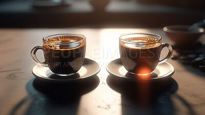 Closeup, espresso and drink on coffee shop, cafe and restaurant table for weekend, break and rest with winter hot drink. Ai generated, cup or mug with warm liquid, beverage and caffeine drinks mockup