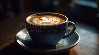 Closeup, cappuccino or drink on coffee shop, cafe and restaurant table for weekend, break or rest with winter hot drink. Ai generated, cup or mug with warm liquid, beverage and espresso drinks mockup