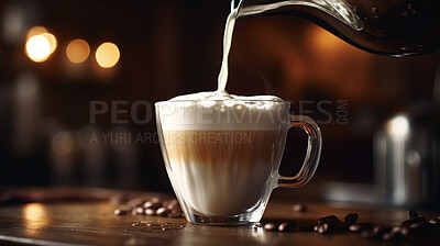 Closeup, pouring and latte on coffee shop, cafe and restaurant table for weekend, break and rest with winter hot drink. Ai generated, cup and mug with warm liquid, beverage and espresso drinks