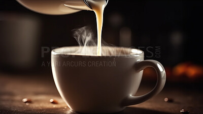 Closeup, pouring and cappuccino on coffee shop, cafe and restaurant table for weekend, break and rest with winter hot drink. Ai generated, cup and mug with warm liquid, beverage and espresso drinks