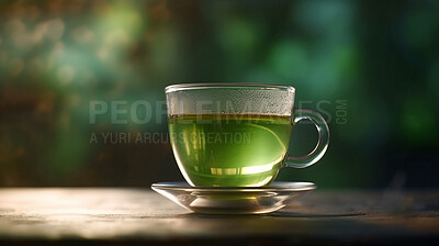 Closeup, mint and tea in coffee shop, cafe and restaurant for weekend, break and rest with winter hot drink. Ai generated, cup and mug with warm liquid, beverage and organic drink mock up