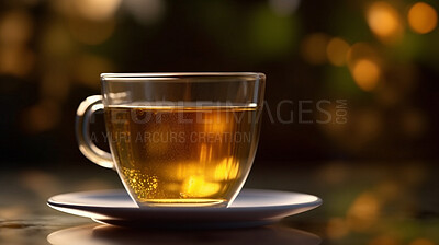 Closeup, herbal and tea in coffee shop, cafe and restaurant for weekend, break and rest with winter hot drink. Ai generated, cup and mug with warm liquid, beverage and organic drink mock up