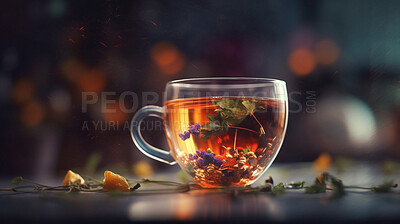 Closeup, herbs and herbal tea in coffee shop, cafe and restaurant for weekend, break and rest with winter hot drink. Ai generated, cup and mug with warm liquid, beverage and organic oolong plant leaf