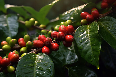 Closeup, gayo and coffee beans on leaf in farm, agriculture land and farming estate for service industry, import and cultivation. Ai generated, growth and green caffeine plants for produce harvest