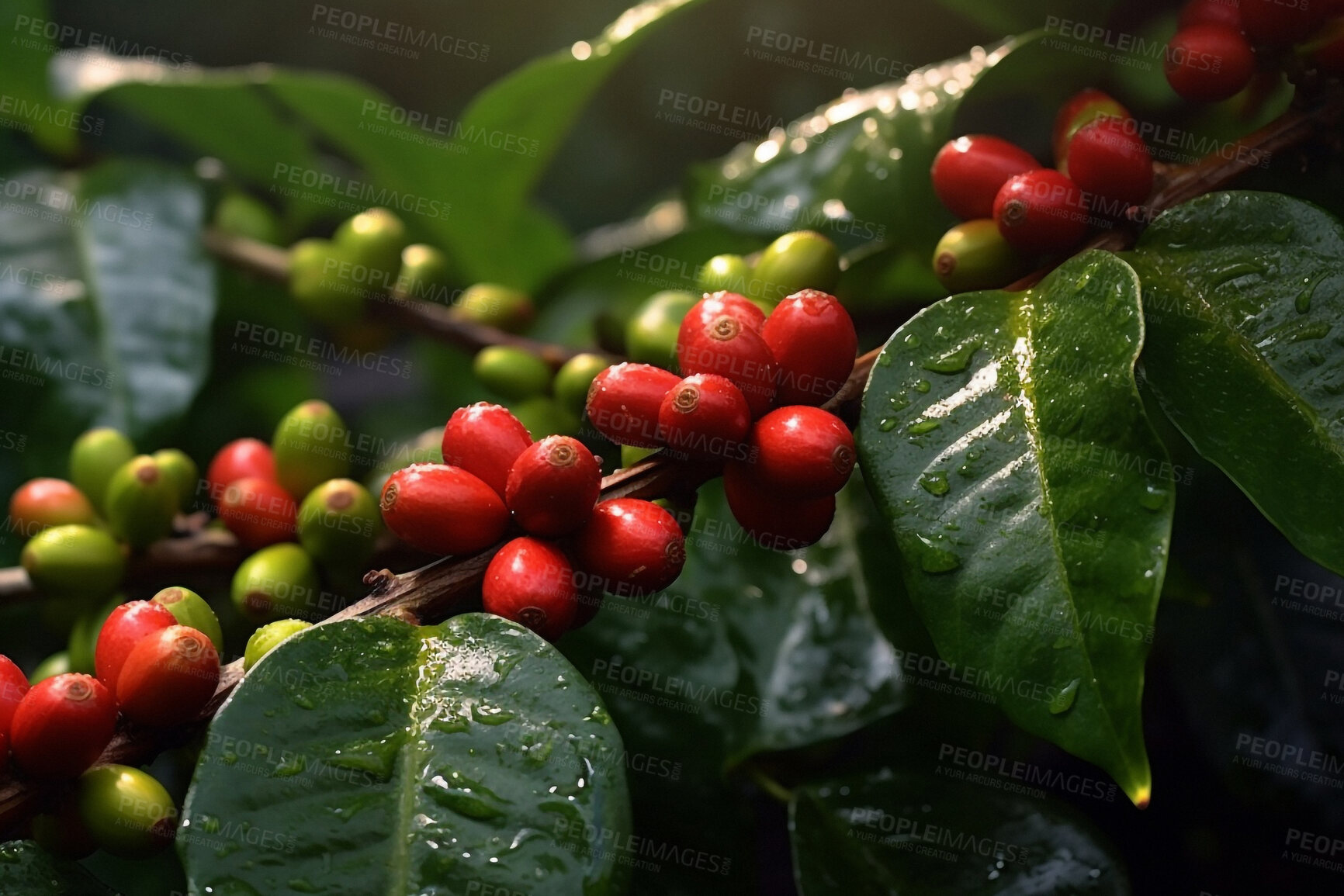 Buy stock photo Closeup, gayo and coffee beans on leaf in farm, agriculture land and farming estate for service industry, import and cultivation. Ai generated, growth and green caffeine plants for produce harvest