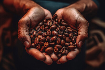 Closeup, hands and person holding coffee beans from farming, agriculture and environment harvest bag. Ai generated, farmer and caffeine bean produce in sack for service industry and agribusiness