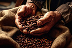 Closeup, hands and person holding coffee beans from farming, agriculture and environment harvest bag. Ai generated, farmer and caffeine bean produce in sack for service industry and agribusiness