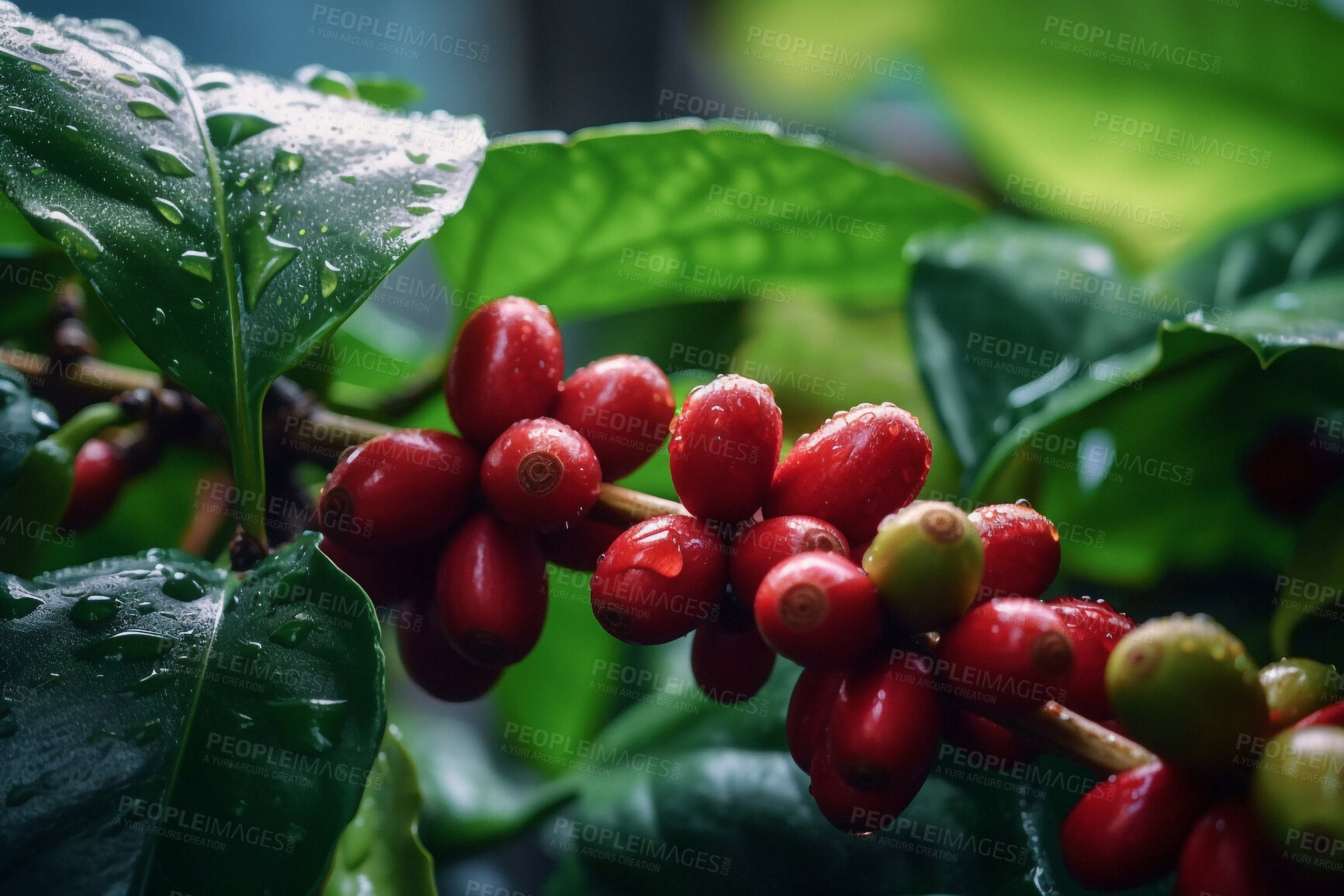 Buy stock photo Closeup, gayo and coffee beans on green leaf in farm, agriculture land and farming estate for service industry, import and cultivation. Ai generated, growth and caffeine plants for produce harvest