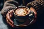 Closeup customer, hands or drinking coffee in cafe, restaurant and local small business for break, rest or weekend. Ai generated, warm or hot cup with cappuccino, person or service industry drink