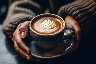 Closeup customer, hands or drinking coffee in cafe, restaurant and local small business for break, rest or weekend. Ai generated, warm or hot cup with cappuccino, person or service industry drink