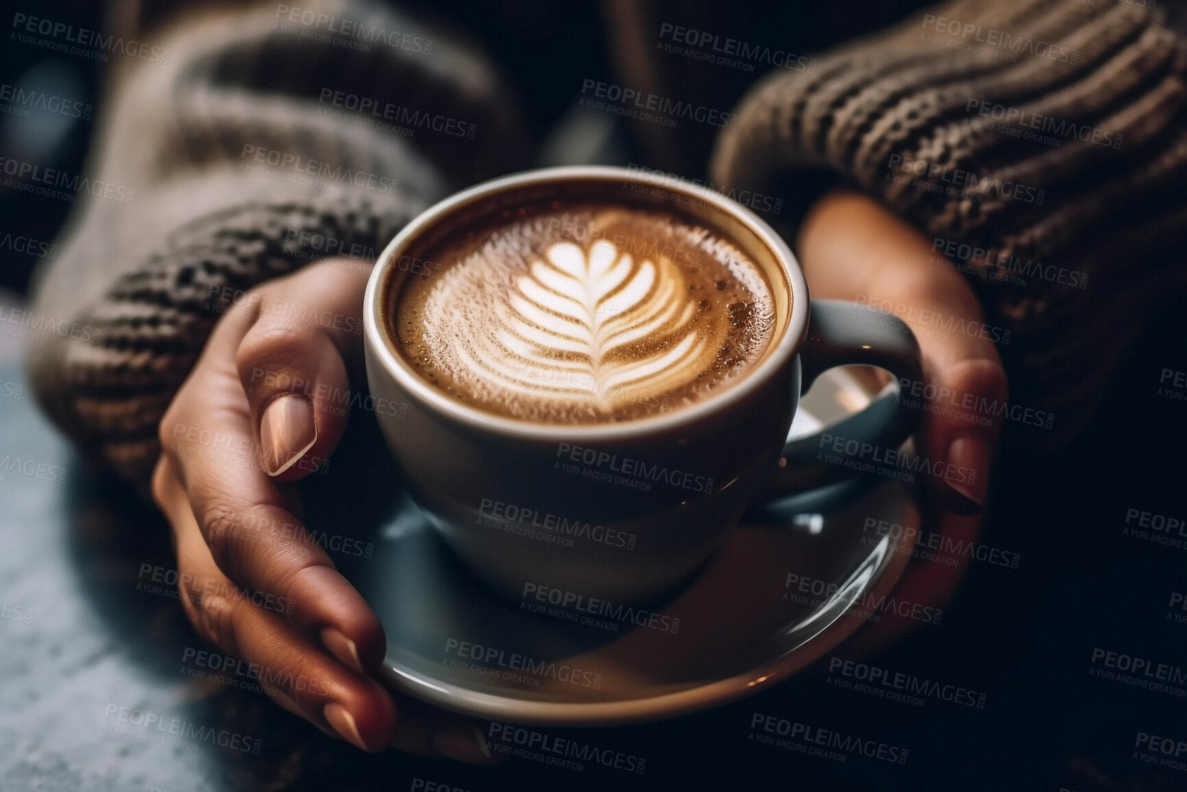 Buy stock photo Closeup customer, hands or drinking coffee in cafe, restaurant and local small business for break, rest or weekend. Ai generated, warm or hot cup with cappuccino, person or service industry drink