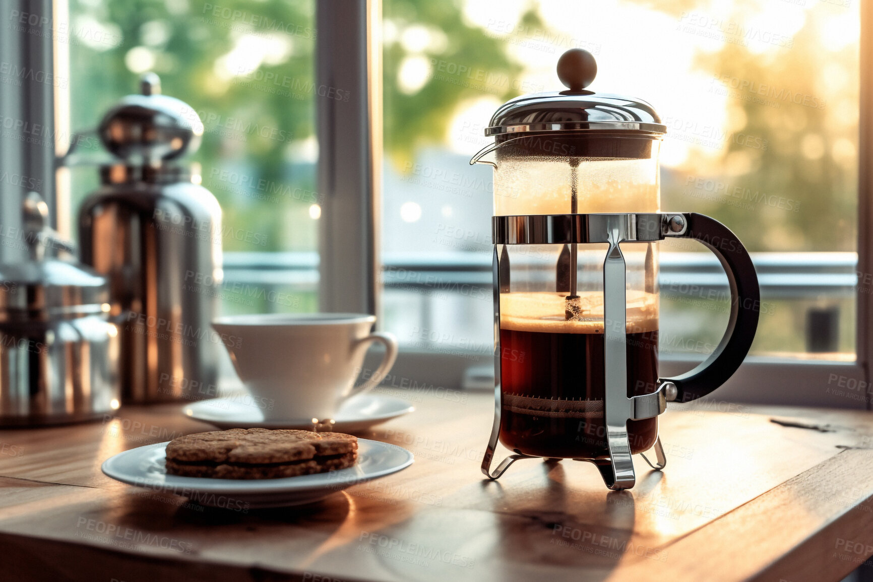 Buy stock photo Filter coffee, plunger and cup with biscuits on cafe, restaurant and local small business table for weekend, break and rest. Ai generated, closeup or glass pot with cookies, meal and snack food