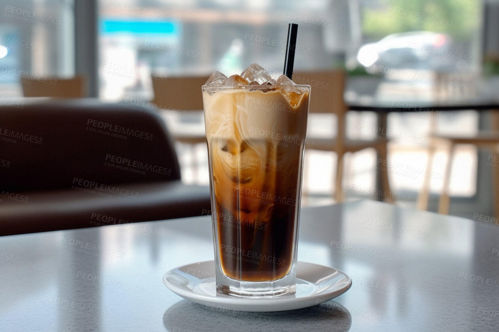 Buy stock photo Iced coffee, glass and cold drink on cafe, restaurant and local small business table for summer, weekend break or rest. Ai generated, closeup or cool glass with caffeine milkshake or ice cube frappe