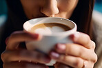 Closeup person, hands and smelling coffee in cafe, restaurant and local small business for break, rest or weekend. Ai generated, warm and hot cup with cappuccino, flat white or service industry drink