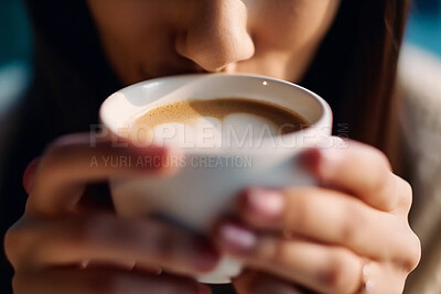 Closeup person, hands and smelling coffee in cafe, restaurant and local small business for break, rest or weekend. Ai generated, warm and hot cup with cappuccino, flat white or service industry drink