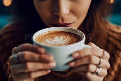 Closeup person, hands and drinking coffee in cafe, restaurant and local small business for break, rest or weekend. Ai generated, warm and hot cup with cappuccino, flat white or service industry drink