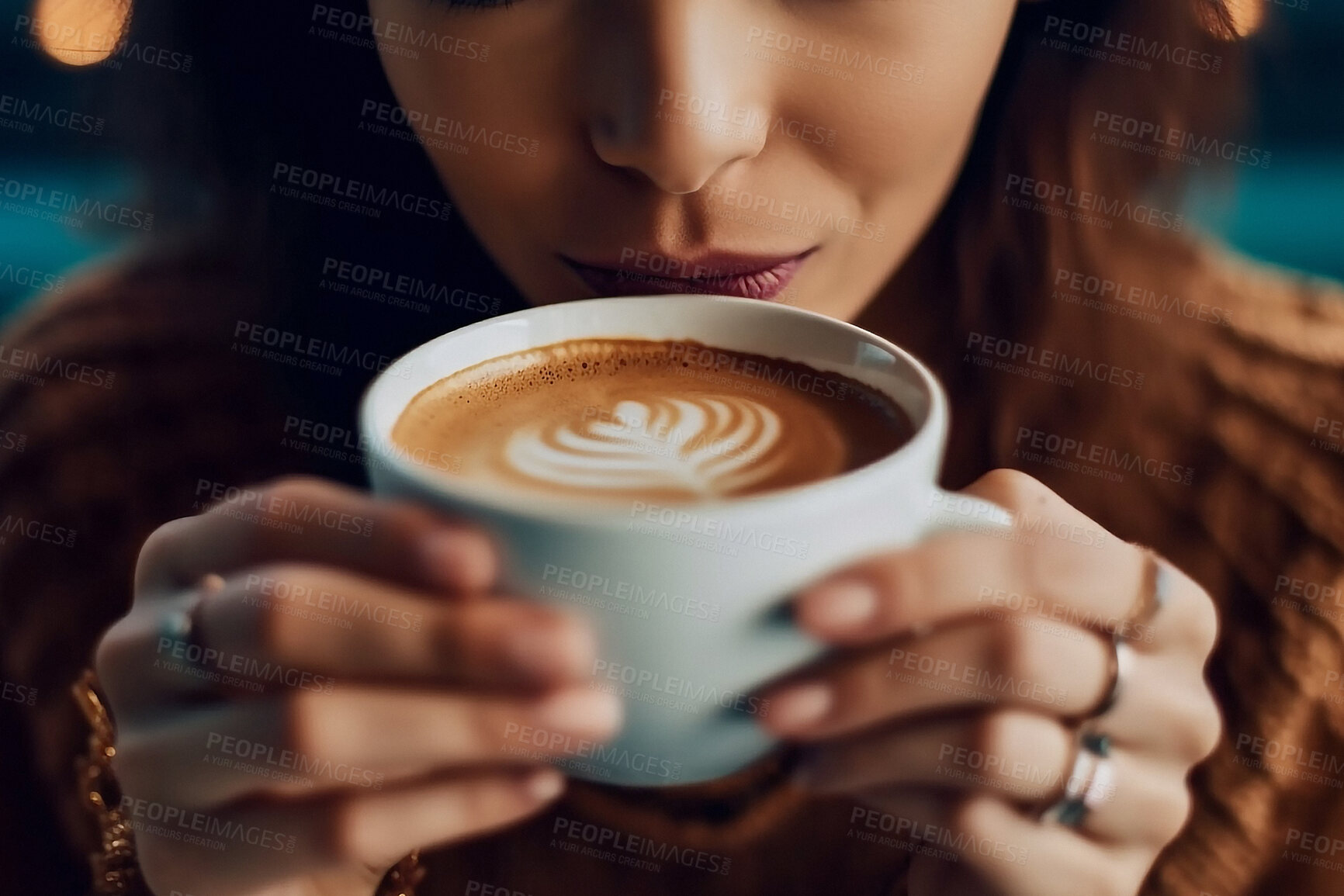 Buy stock photo Closeup person, hands and drinking coffee in cafe, restaurant and local small business for break, rest or weekend. Ai generated, warm and hot cup with cappuccino, flat white or service industry drink