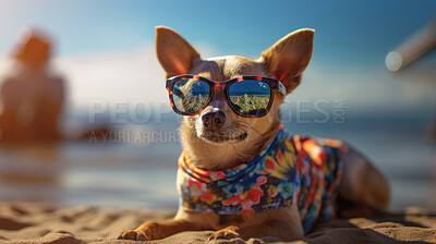 Summer, sunglasses and travel with dog at beach for relaxing, sunset and vacation. Holiday, shade and protection with portrait of pet puppy on coastline for tourism, ai generated or adventure