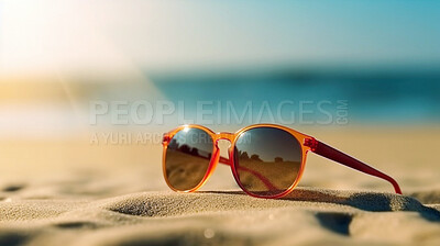 Sunset, shadow and travel with sunglasses at beach for relaxing, summer trip and vacation. Holiday, shade and protection with spectacles in sand on coastline for tourism, ai generated or adventure