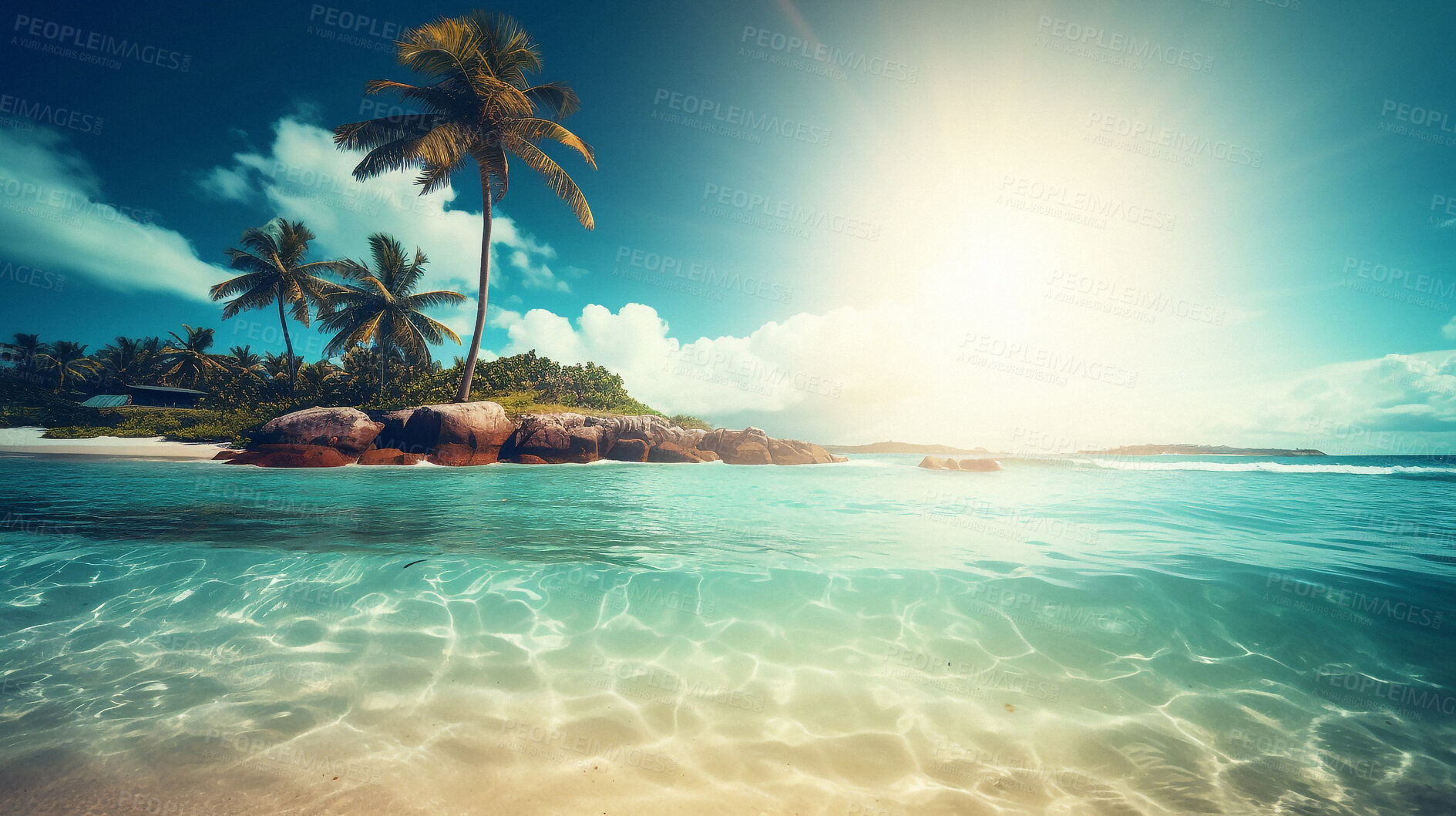 Buy stock photo Tropical, ocean and island with beach and nature for travel, vacation and summer. Ai generated, adventure and holiday with waves on coastline and bay for Caribbean, seaside destination and freedom