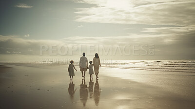 Sunset, holding hands and travel with family at beach for relaxing, summer trip and vacation. Holiday, love and calm with parents and child walking on coastline for tourism, ai generated or adventure