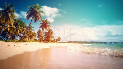 Tropical, palm tree and island with beach and nature for travel, vacation and summer. Ai generated, adventure and holiday with waves on coastline and bay for Caribbean, seaside destination or freedom