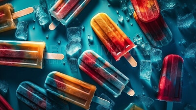Fruit, dessert and nutrition with popsicle on background for food, wellness and diet. Ai generated, gelato and snack with confectionery sorbet on flat lay for eating, health and summer