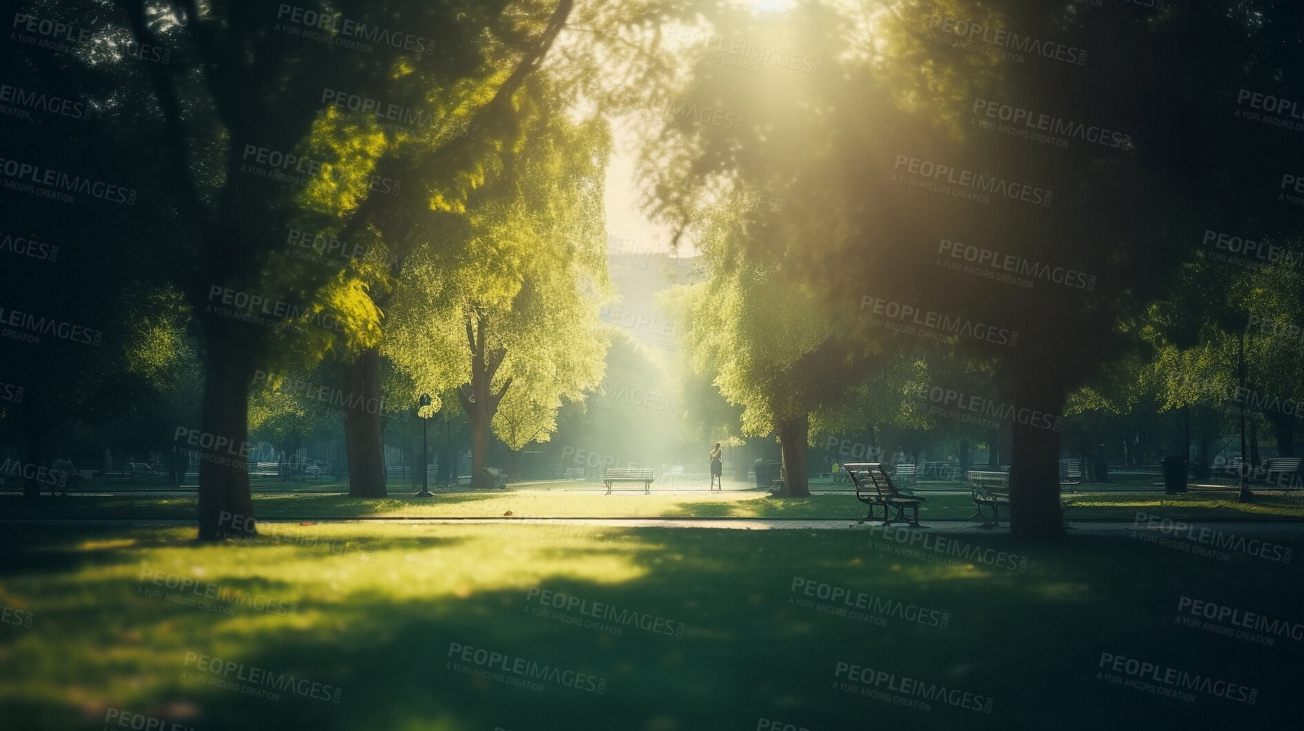 Buy stock photo Fantasy, trees and nature with forest and field for environment, sustainability and ecology. Ai generated, ecosystem and calm with countryside plants for summer, paradise and traveling