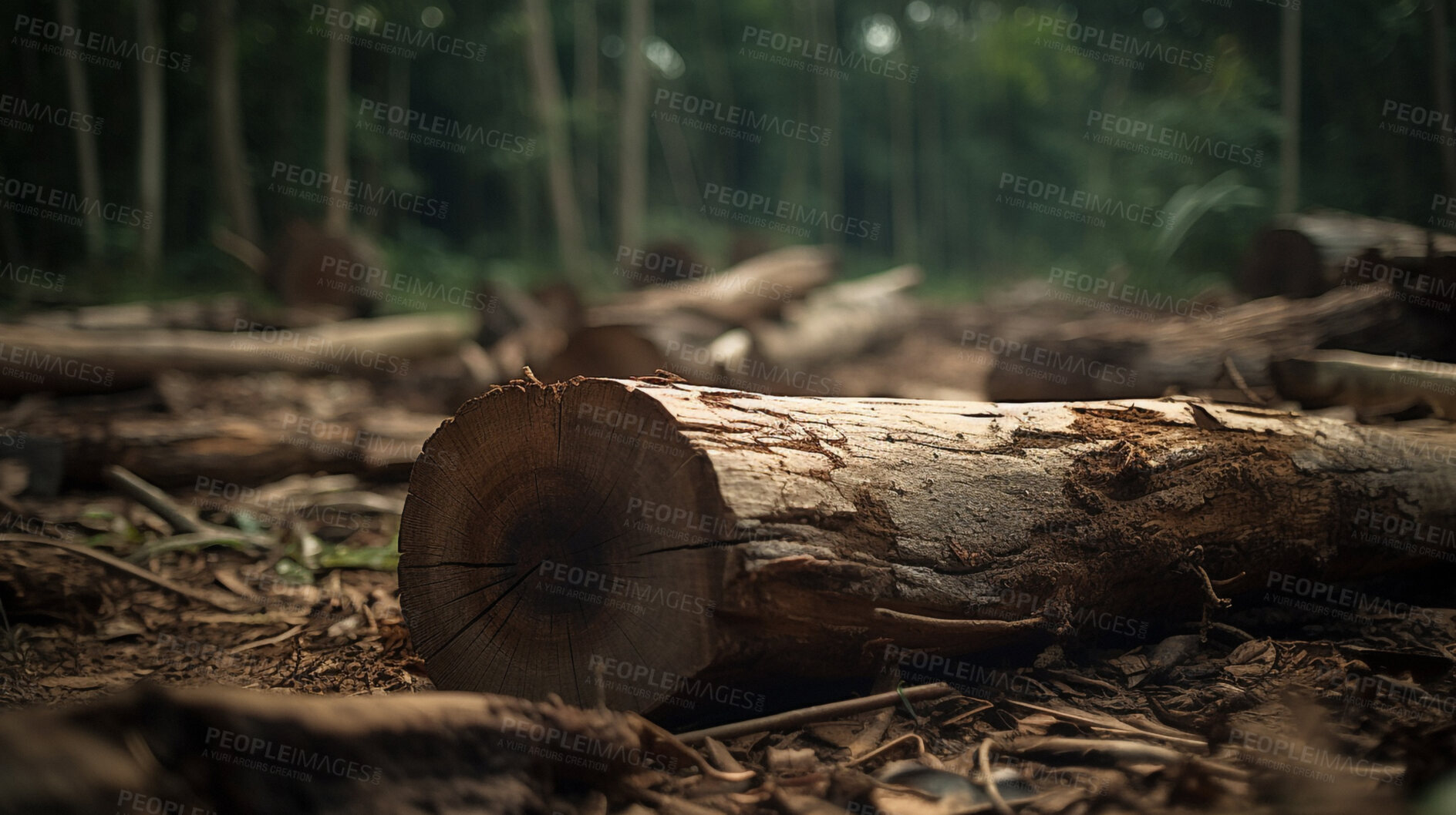 Buy stock photo Nature, forest and deforestation with logs of wood for fossil fuel, climate change and cutting. Ecology, energy and ai generated with woodpile in woods for raw product, plant and sustainability