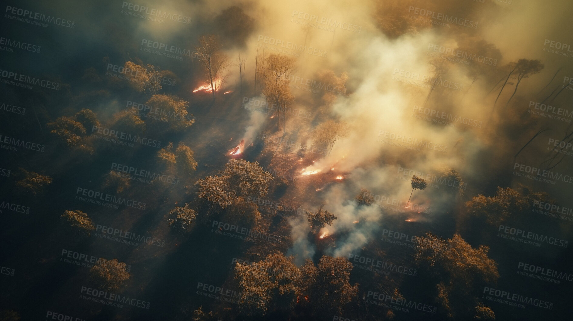 Buy stock photo Aerial view, fire and smoke with forest in nature for deforestation, climate change and drone ecology. Ai generated, plants and timber with landscape of woods flame for earth, disaster and pollution