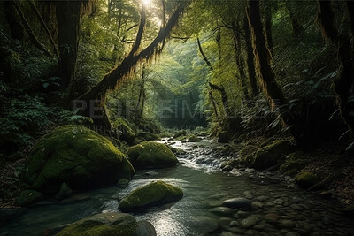 Nature, plants and river with trees in forest for environment, sustainability and flora. Peace, ai generated and landscape with water stream in countryside woods for foliage, paradise and wilderness