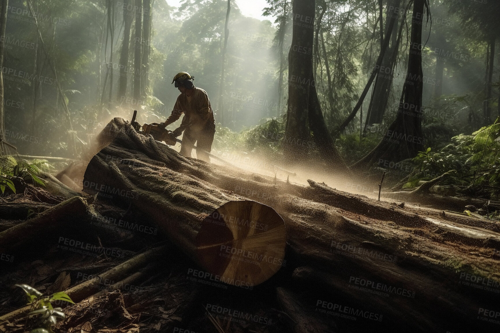 Buy stock photo Deforestation, chainsaw and person with forest in nature for climate change, trees cutting and ecology. Ai generated, plants and timber with contractor in woods for earth, eco and industrial