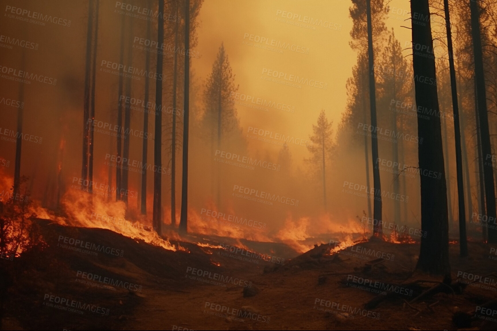 Buy stock photo Climate change fire and smoke with forest in nature for deforestation, disaster and ecology. Ai generated, plants and timber with landscape of woods flame for earth, disaster and pollution