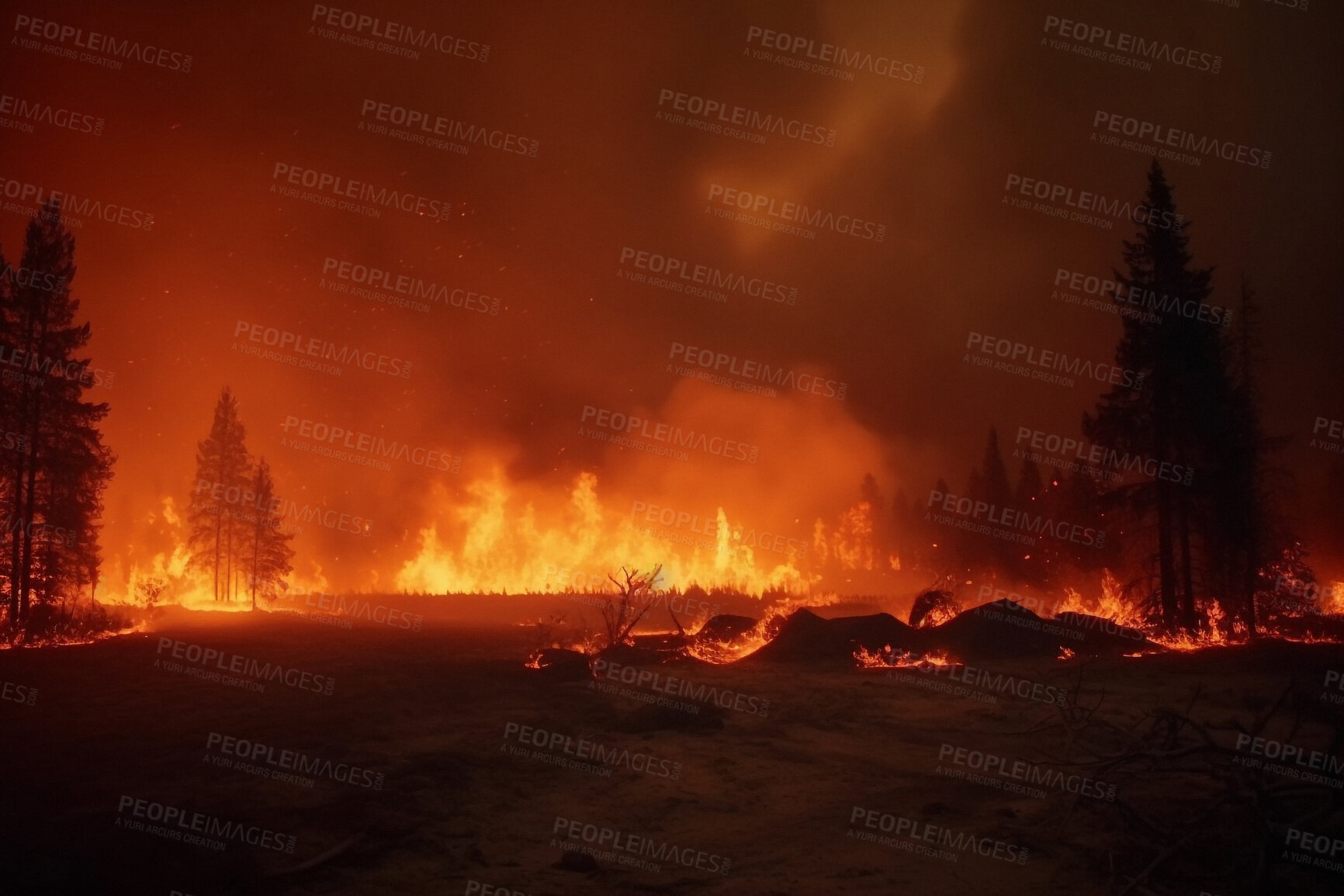 Buy stock photo Disaster, fire and smoke with forest in nature for deforestation, climate change and ecology. Ai generated, plants and timber with landscape of woods flame for earth, disaster and pollution