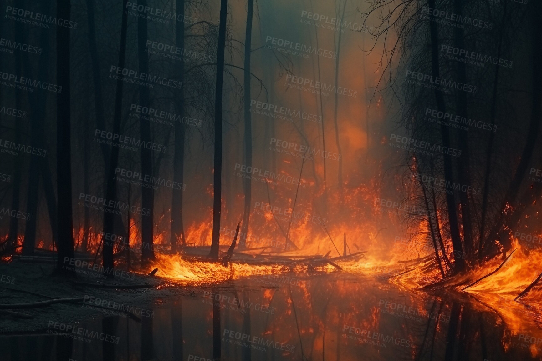 Buy stock photo Environment, fire and smoke with forest in nature for deforestation, climate change and ecology. Ai generated, plants and timber with landscape of woods flame for earth, disaster and pollution