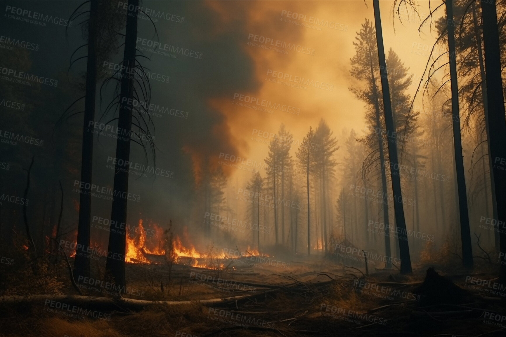 Buy stock photo Deforestation, fire and smoke with forest in nature for environment, climate change and ecology. Ai generated, plants and timber with landscape of woods flame for earth, disaster and pollution