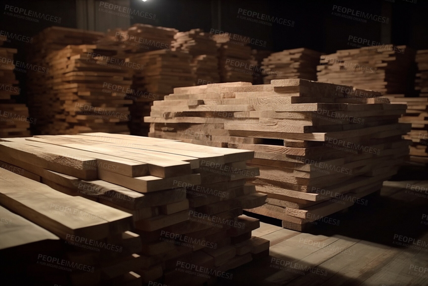 Buy stock photo Nature, timber and deforestation with plank of wood for fossil fuel, climate change and cutting. Eco, energy and ai generated with woodpile in warehouse for raw product, plant and sustainability