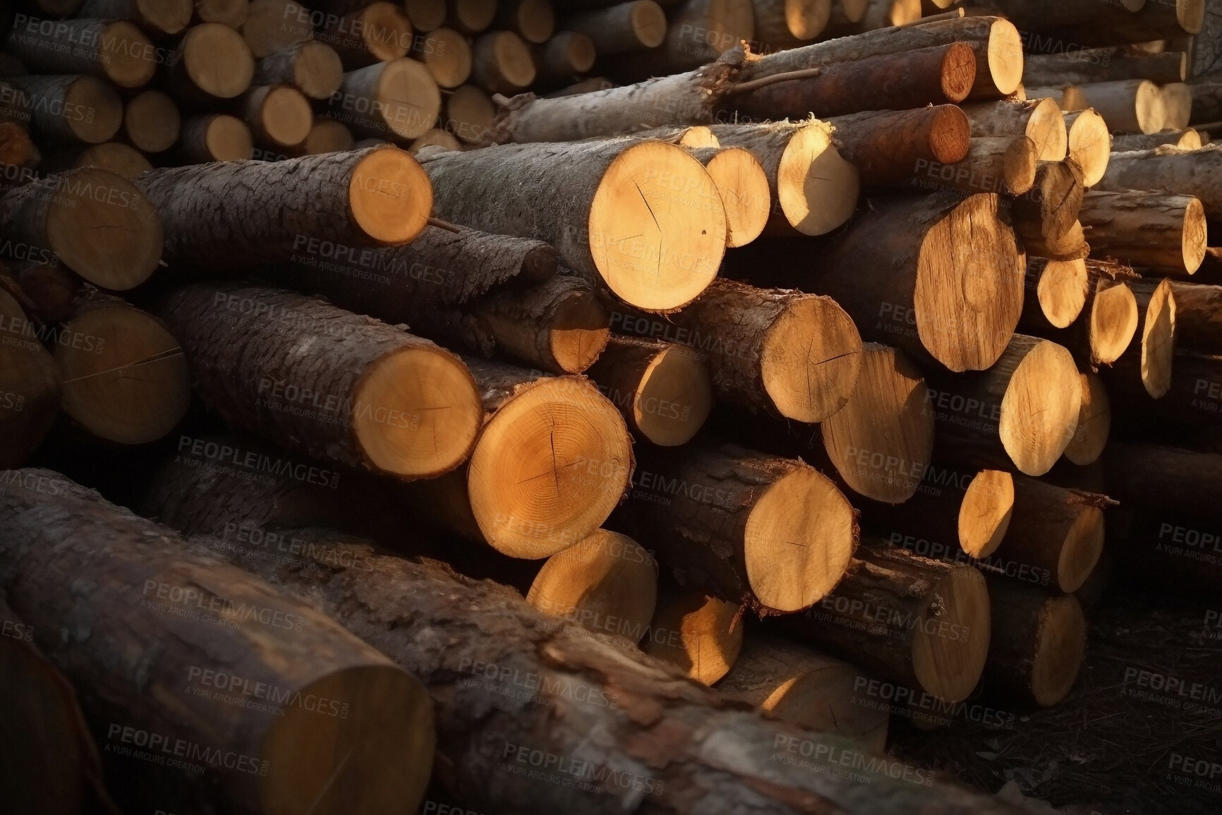 Buy stock photo Nature, timber and deforestation with logs of wood for fossil fuel, climate change and cutting. Eco, energy and ai generated with woodpile in warehouse for raw product, plant and sustainability