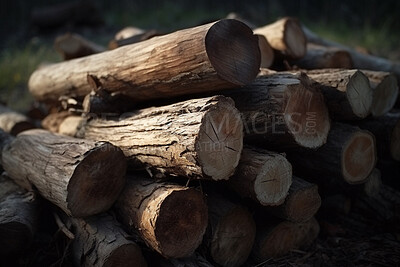 Harvest, timber and deforestation with logs of wood for fossil fuel, climate change and cutting. Eco, energy and ai generated with woodpile in nature for raw product, plant and sustainability